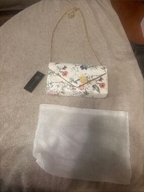 Floral Envelope Clutch with Gold Chain Strap - White